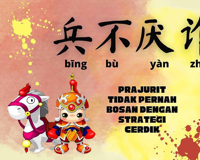 Idiom Tiongkok - Prajurit Tidak Pernah Bosan Gunakan Strategi Cerdik (兵不厌诈 Bing Bu Yan Zha) Arti harfiah dari idiom ini adalah prajurit tidak pernah bosan dengan strategi cerdik. Idiom Tiongkok - Prajurit Tidak Pernah Bosan Gunakan Strategi Cerdik (兵不厌诈)