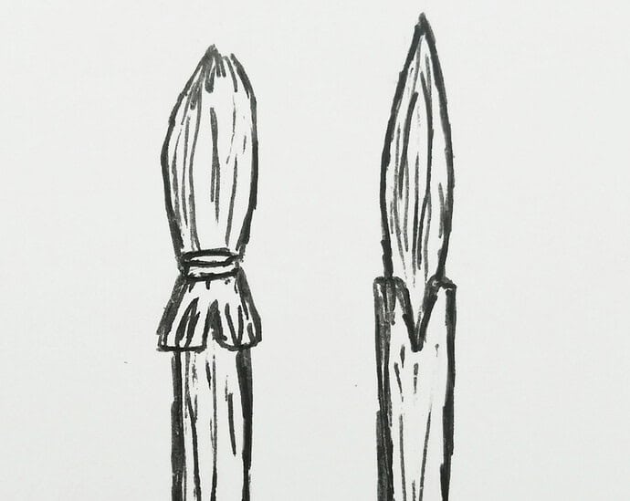 Meng Tian (蒙恬) : Penemu Kuas Hubi (湖笔) Awalnya kuas memiliki bulu yang mengelilingi tangkainya dan diikat dengan benang sutra atau bulu tersebut diselipkan ke dalam batang bambu yang dibelah (Gambar sebelah kiri). Meng Tian (蒙恬) : Penemu Kuas Hubi (湖笔)